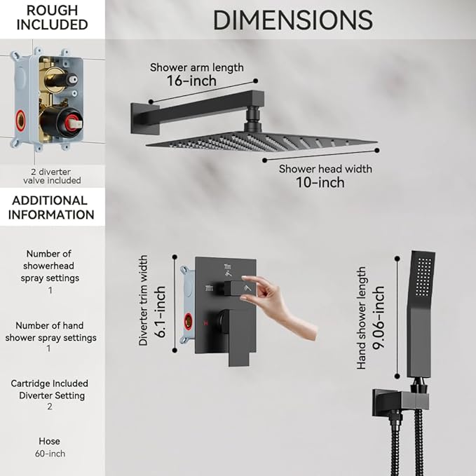 Shower Faucet Set Matte Black Shower System, Starbath 10" Rain Shower Head and Handheld Spray Shower Set Complete Wall Mounted,2 Way Pressure Balance Shower Valve and Trim Kit Included