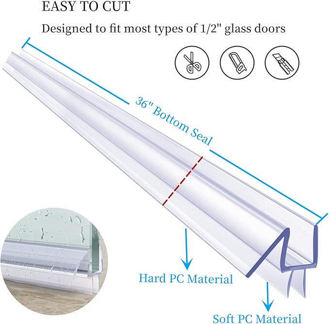 36" Shower Door Bottom Seal Strip Frameless Shower Sweep for 1/2" (12mm) Thick Glass Ultra Clear Polycarbonate (Single Pack)