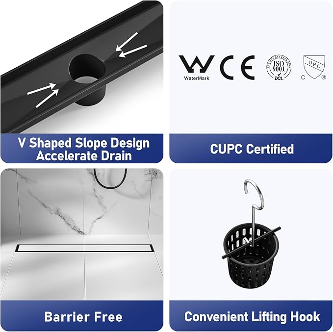 Linear Shower Drain 18", Matte Black Floor Drain with Tiled Insert Grate & Hair Strainer, 304 Stainless Steel Bathroom 2-in-1 Tiled in Drain, CUPC Certified (Matte Black, 18'')