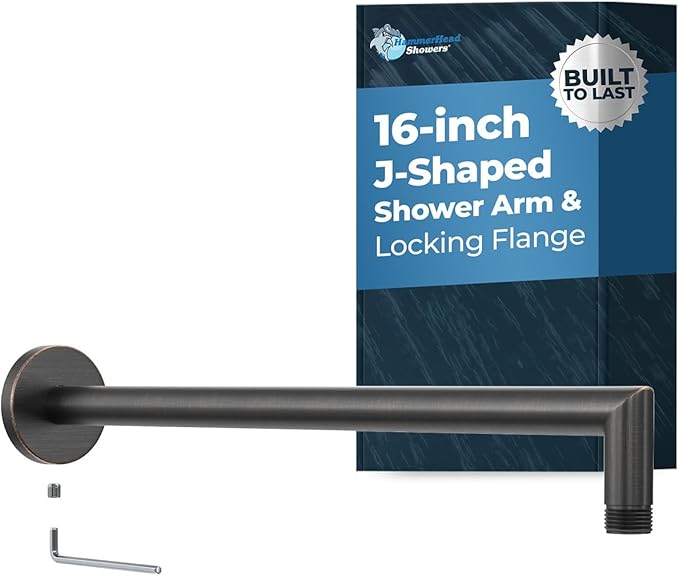 HammerHead Showers® Solid Metal 16 Inch Extended Shower Arm and Flange with Set Screw, Long Shower Arm, Extends Rain Shower Overhead, Wall-Mounted Rain Shower Arm, Oil Rubbed Bronze