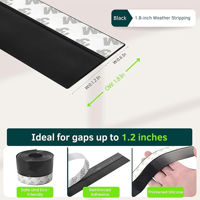 Weather Stripping Door Seal, Silicone Seal Strip for Door Frame Side, Window, Shower Bottom Seal, Strong Adhesive Door Draft Stopper for Weatherproofing and Noise Reduction, 1.8in Black