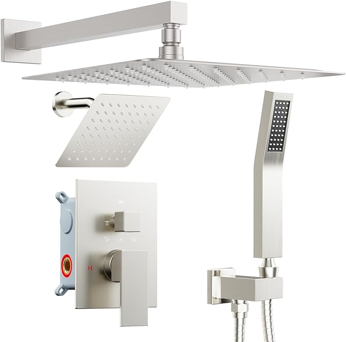 Rain Shower System Brushed Nickel, STARBATH 12+6" Dual Shower Head with Handheld Spray for Two Person, Wall Mounted Shower Faucet Set 3 Way Shower Valve with 5 Diverter and Trim Kit Complete