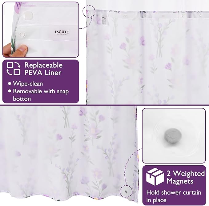 Lagute SnapHook Floral Shower Curtain with Snap-in Liner for Bathroom| No Hook Needed| Mesh Top Window| Machine Washable| Hotel Grade| 71Wx74L，Purple Bouquet