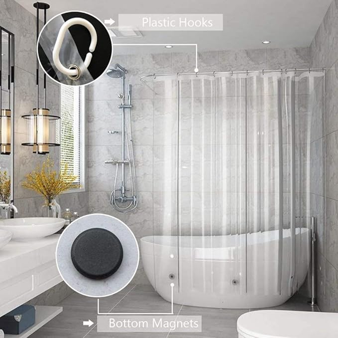 AooHome Long Shower Liner, Clear 8 Gauge Eva Shower Curtain with Hooks, Bottom Magnets, Heavy Duty, Water Repellent, Rust Proof Grommets, 72x96 Inches
