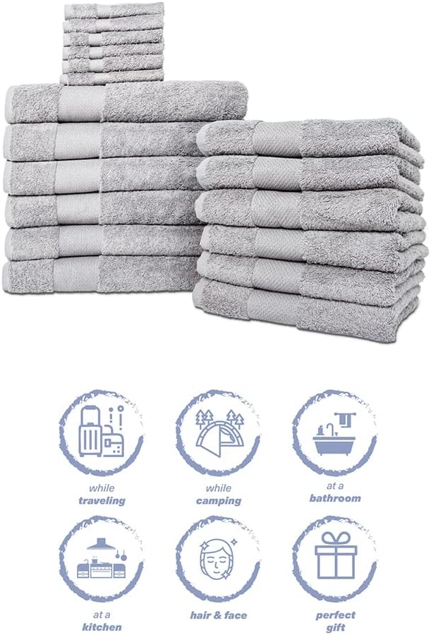Hencely 18-Piece Bath Towel Set - High Absorbency, Quick Drying - 100% Soft Turkish Cotton - 6 Bath Towels, 6 Hand Towels, 6 Washcloths - Bathroom, Home, Hotel, Spa, and Gym - 18-Pack Silver