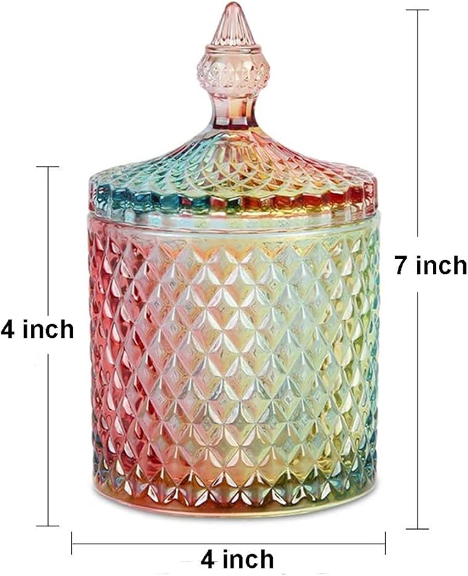 Colorful Home Decorative Jar Qtips Holder Dispenser Glass Storage Container Bathroom Counter Vanity Organizer for Bath Salts/Swabs/Rounds Makeup Sponges Toothpick Jewelry(Rainbow, 20 oz)