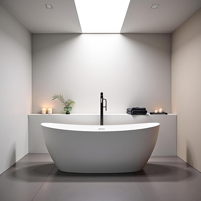 55'' High-back Freestanding Solid Surface Resin Stone Bathtub, Freestanding Tub, Contemporary Design Stand Alone Tub with Pop-up Drain and Overflow, Matte White (Oval)