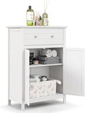 COSTWAY Bathroom Floor Cabinet, Wooden Side Storage Organizer w/Larger Drawer, Adjustable Shelf & 2-Door Cupboard, Freestanding Storage Cabinet for Living Room, Kitchen, Entryway (White)