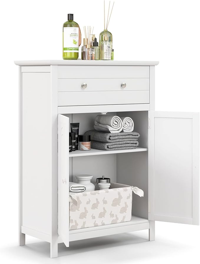 COSTWAY Bathroom Floor Cabinet, Wooden Side Storage Organizer w/Larger Drawer, Adjustable Shelf & 2-Door Cupboard, Freestanding Storage Cabinet for Living Room, Kitchen, Entryway (White)