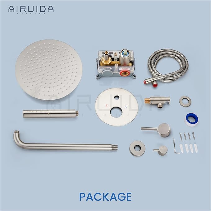 Airuida Shower Fixtures 2 Functions Shower Faucet Set Wall Mounted for Bathroom High Pressure Brass Handheld Shower with Rough-in Valve Round Rainfall 12 Inch Shower Head Brushed Nickel