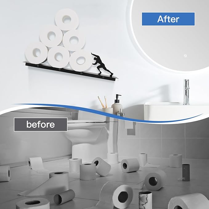 Multifunctional Wall-Mounted Toilet Paper Holder Shelf – Heavy-Duty Metal Bathroom Storage & Decorative Art – Towel Rack, Tissue Organizer & Plant Display (Black)