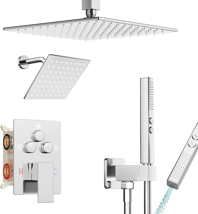 Shower Faucet Set Polished Chrome Shower System, Ceiling Mount 10 Inch Shower Head With Wall Mount 6 Inch Shower Head and 2 in 1 Handheld Spray, Push Button Diverter Shower Valve Trim Kit