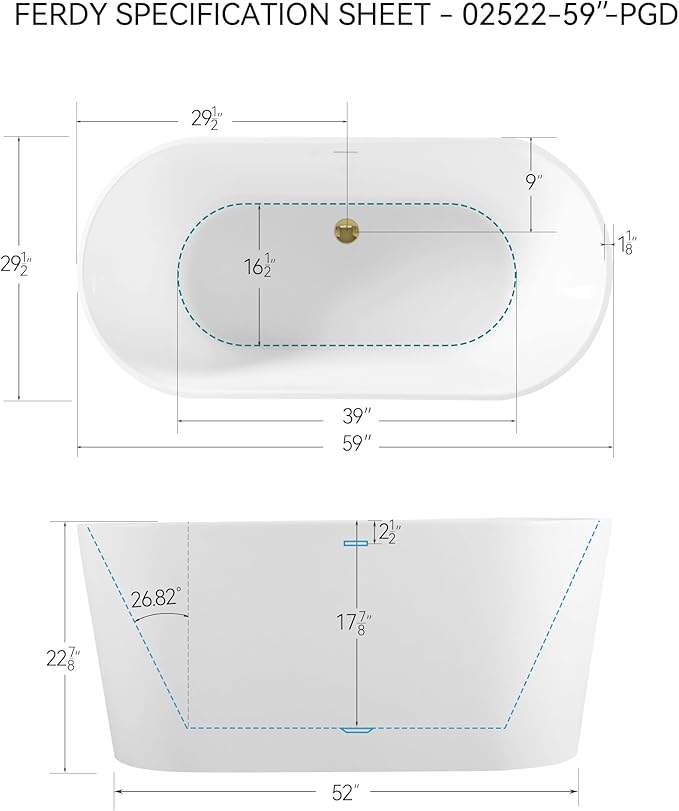 FerdY Shangri-La 59" Acrylic Freestanding Bathtub, Gracefully Shaped Soaking Bathtub, Glossy White, cUPC Certified, Polished Gold Drain & Minimalist Linear Design Overflow Included, 02522