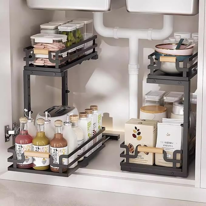 MIKEE Under Sink Organizer, 2 Tier Under Sink Organizers and Storage,Bathroom Cabinet Organizer with Adjustable Height, Pull Out Sink Shelf Cabinet Storage Shelves for Kitchen& Bathroom