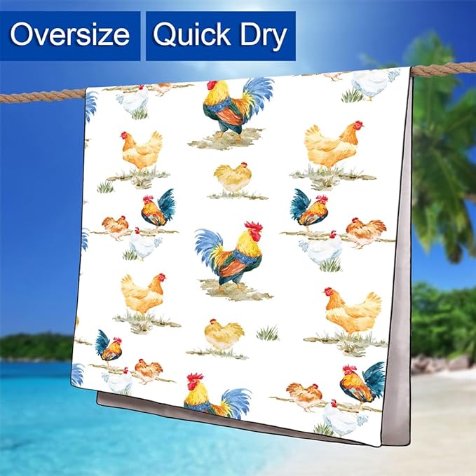 Country Rooster Pattern Beach Towel 36"x72" Quick-Dry Sand-Free Soft Microfiber