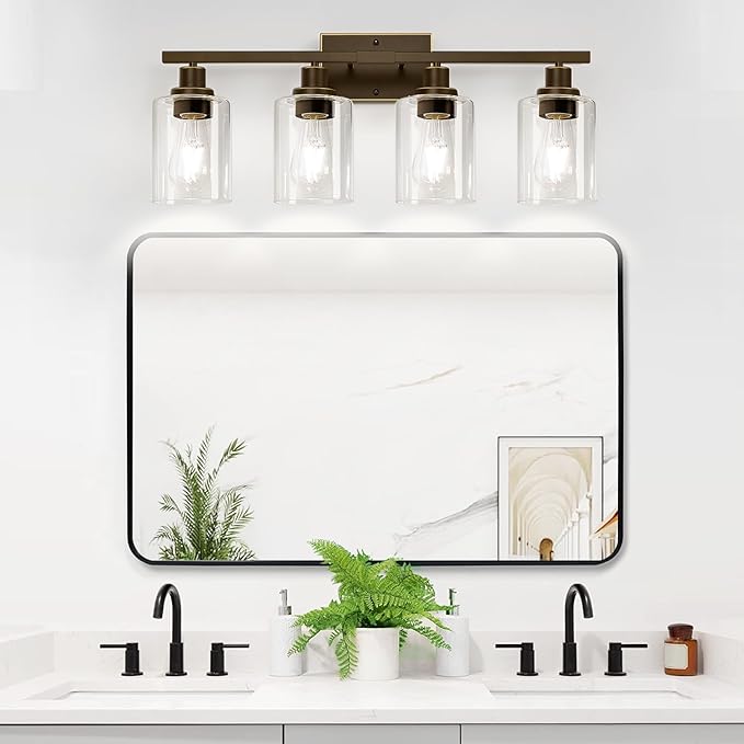 4-Light Bathroom Light Fixtures, Vanity Light with Clear Glass Shades, Oil-Rubbed Bronze Bathroom Light Fixtures Over Mirror, Modern Bathroom Wall Lamp for Mirror Living Room Cabinet Bedroom