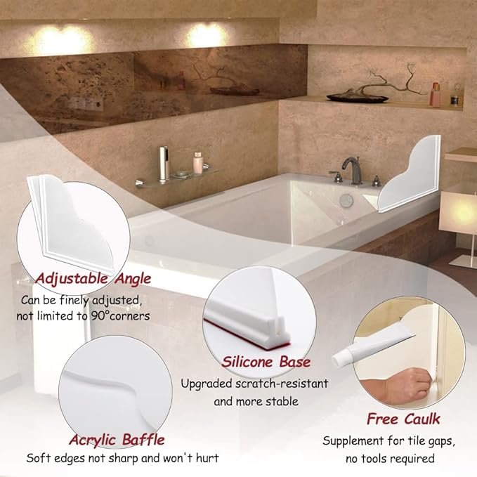 Shower Splash Guard Kit, Large Splash Guards for Bathtub Waterproof Self-Adhesive Shower Corner Guards to Keep Water in Shower or Bath, Pack of 2 (9.1 x 7.1 inches)
