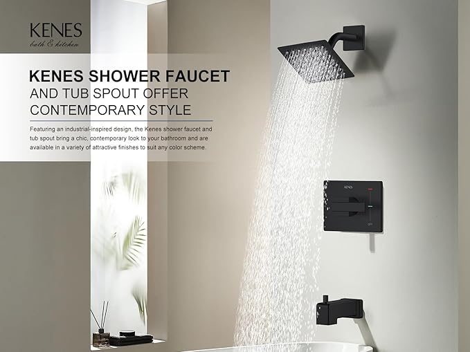 KENES Tub Shower Faucet Set Complete, Matte Black Tub and Shower Trim Kit with 6-Inch Rain Shower Head, Square Shower System, KE-6025A-2 (Shower Valve Included)