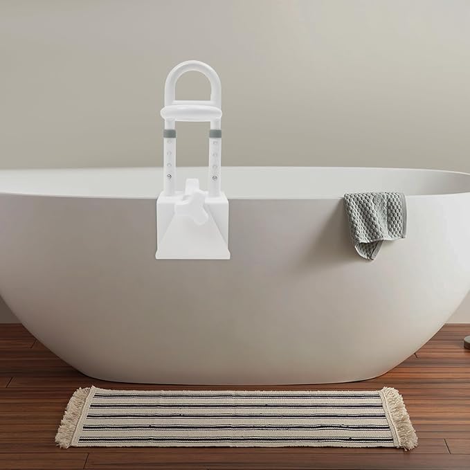 Adjustable Bathtub Handle for Elderly, 300lb Capacity Clamp-On Tub Grab Bar with Non-Slip Grip, Safety Rail Triple Handle for 3.5"–6.7" Tub Walls