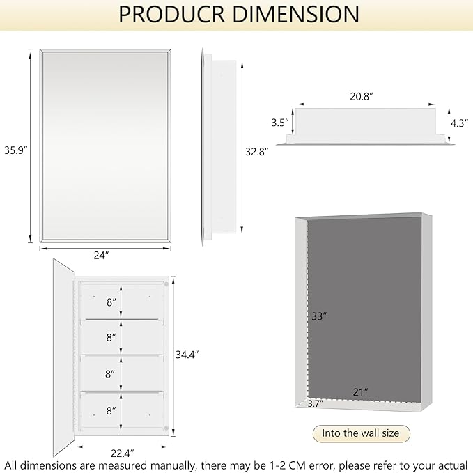 Bathroom Medicine Cabinet with 24x36 in Rectangular Beveled Frameless Mirror,Wall Mounted Mirror Cabinet for Bathroom Toilet Kitchen,Recess or Surface Mount