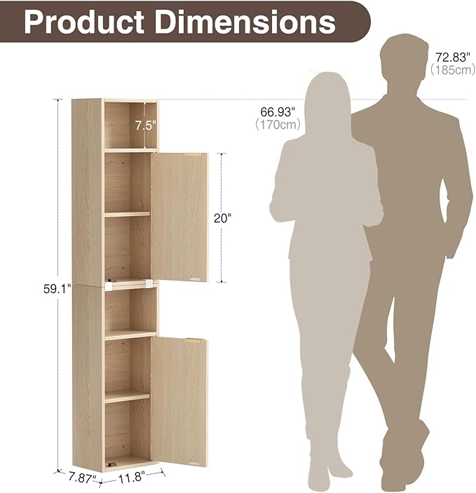 59.1" Tall Slim Bathroom Storage Cabinet Oak | Freestanding or Wall Mounted Modular Cabinet, Fluted Panel Linen Tower with Adjustable Shelves for Small Spaces