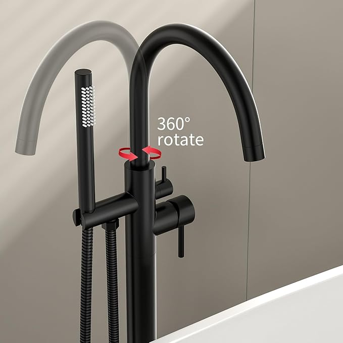 Freestanding Bathtub FaucetFloor Mount Bathtub Filler Shower Mixer Faucet with Handheld Shower Sprayer Swivel, Bottom Inlet，Matte Black
