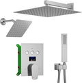 Temperature Display Shower Fixtures Brushed Nickel Rainfall Shower System, Push Button Shower Faucet with 2 Wall Mounted Shower Head(12+8"), Handheld Shower