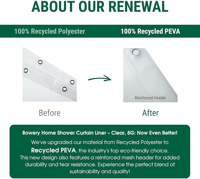 Bowery Home NOT Made in China Eco-Friendly Recycled PEVA Shower Curtain Liner – Waterproof, Sustainable, Non-Toxic Shower Curtain Liner, with Rust-Proof Grommets, 72x72IN, 8G – Clear