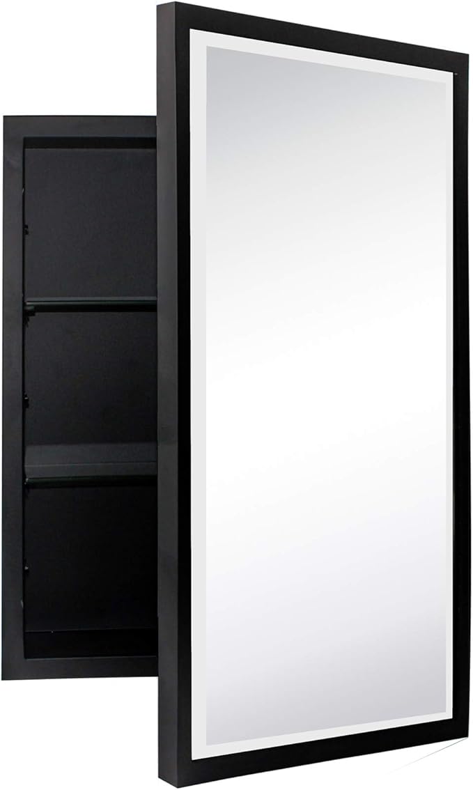 TEHOME Black Metal Framed Recessed Bathroom Medicine Cabinet with Mirror Rectangle Beveled Vanity Mirrors for Wall 16 x 24 inches
