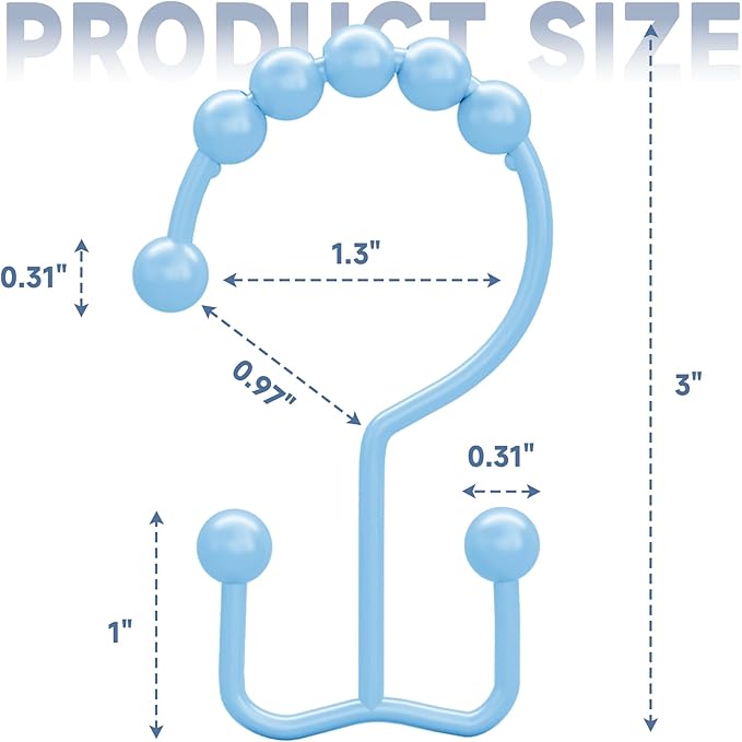 Titanker Shower Curtain Hooks, Rust Resistant Shower Curtain Rings for Bathroom, Metal Double Glide Shower Hooks Hangers for Bathroom Shower Rods Curtains, Set of 12 Hooks - Blue