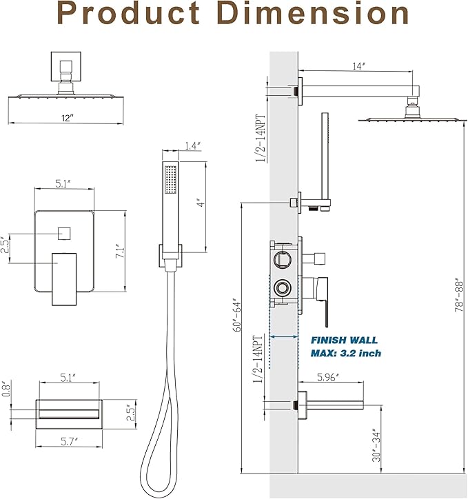Gold Tub Shower System, All Metal Tub Shower Faucet Set with 12" Rain Shower Head and Handheld Spray combo, Wall Mounted Shower Systems with Tub Spout, Valve and Trim Kit, Brushed Gold