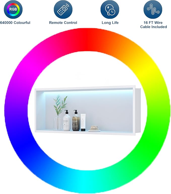 30X12 RGB Shower Niche, White Stainless Steel LED Wall Recessed Organizer, No Tile Needed Wall Niche for Bathroom Storage Built-in Installation