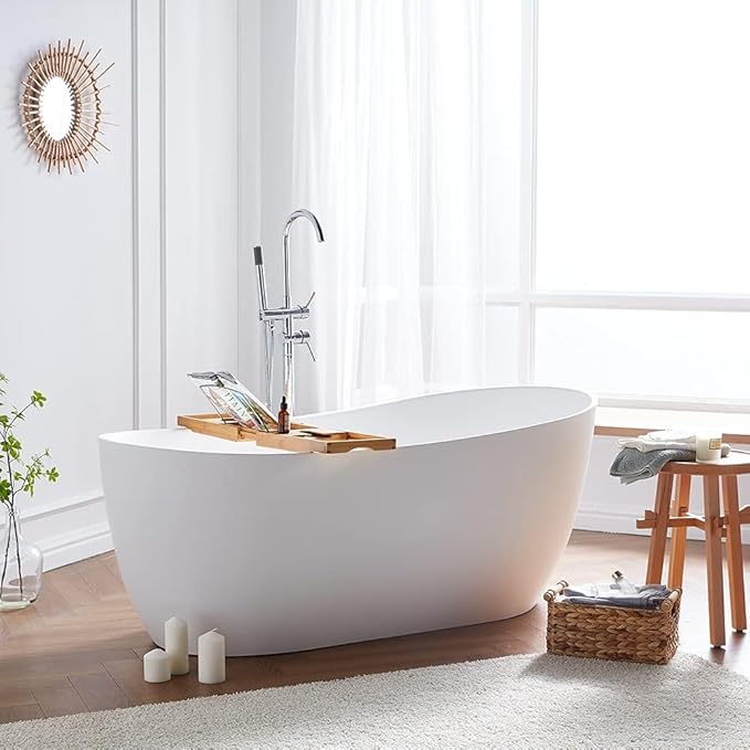 Cpingao 59" Solid Surface Freestanding Bathtub, Contemporary Oval Stone Resin Stand Alone Soaking Tub with Overflow and Pop Up Drain, One-Piece Molding Matte White 8828-1500