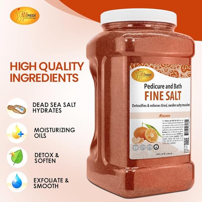 SPA REDI - Detox Foot Soak Pedicure and Bath Fine Salt, Mandarin, 128 Oz - Made with Dead Sea Salts, Argan Oil, Coconut Oil, and Essential Oil - Hydrates, Softens and Moisturizes