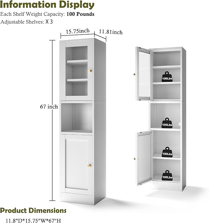 COFaR 67" Tall Metal Bathroom Storage Cabinet,6-Tier Narrow Cabinet with Glass Doors and Adjustable Shelves,Linen Cabinet for Small Spaces,Tall Cabinet for Bathroom,Living Room,White