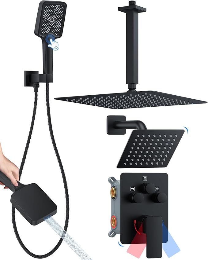 Shower System with Pressure Balance Valve, 12" Ceiling Mount Shower Faucet Set with 2 Rain Shower Head And Multi-function Handheld Head Push Button Diverter Pressure Balancing Valve Kit, Matte Black