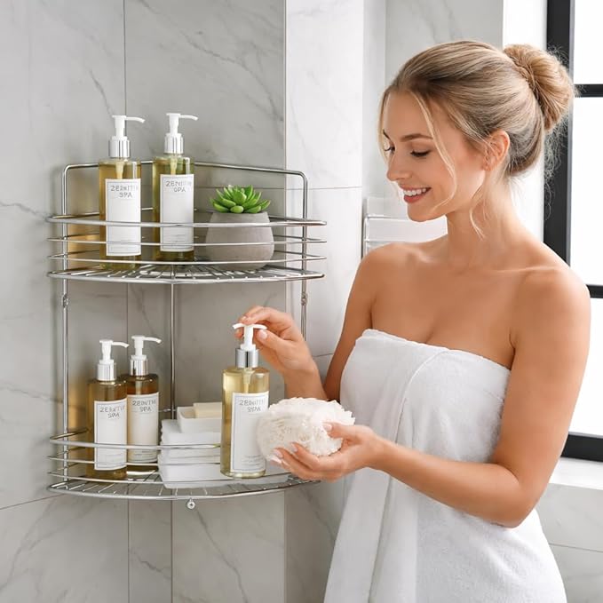 2-Tier Floor Standing Corner Shower Caddy - Sturdy Stainless Steel Bathroom Organizer Includes 2 Screws and Anchors - Freestanding or Wall-Mounted Shower Caddy - Silver