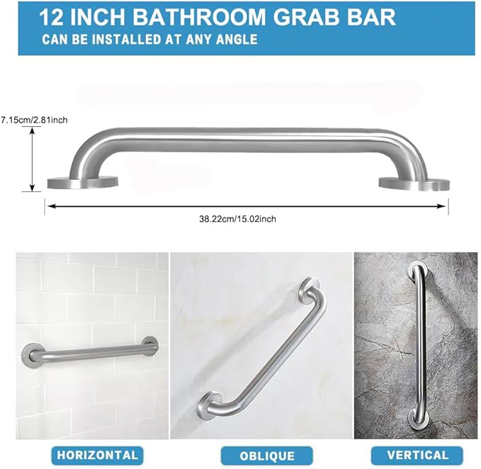 Stainless Steel Bathroom Safety Shower Grab Bar, Anti Slip Bathtubs Grab Bars,Toilet Assist Saft Handle Handrail ADA Compliant 500lbs for Handicap Elderly Senior (Brushed, 12 Inches 2 Pack)
