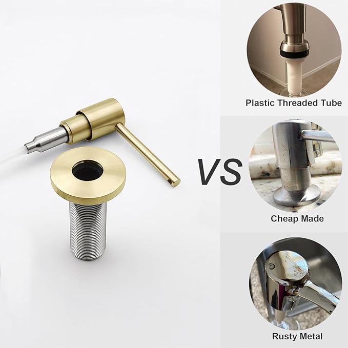 Deck Mounted Brass Kitchen Sink Soap Dispenser or Lotion Dispenser with 17OZ Above The Sink Refillable Bottle(Brushed Gold)