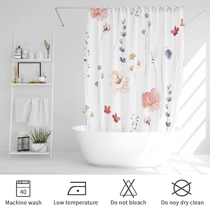 Gibelle Extra Long Shower Curtain 72 x 84, Watercolor Floral Fabric Shower Curtain, Coral Beige Flower Decorative Bathroom Shower Curtain Set