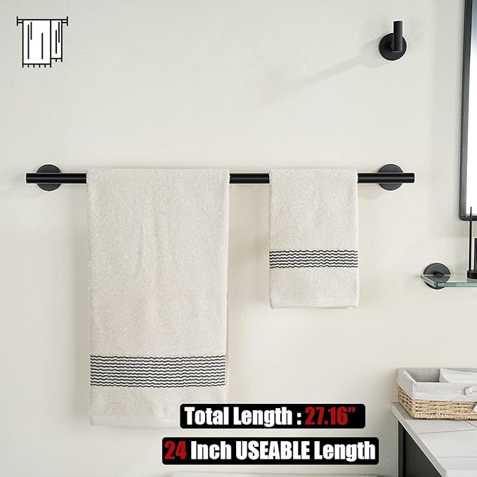 JQK Black Towel Bar, 27 Inch 304 Stainless Steel Thicken 0.8mm Towel Rack Bathroom, Towel Holder Matte Black Wall Mount, Useable Length 24 Inch 2 Pack, TB110L24-PB-P2
