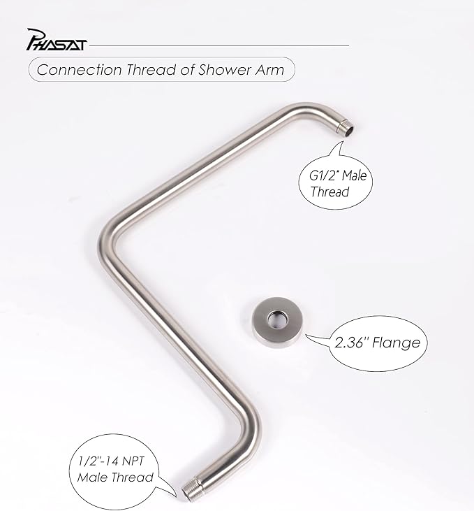PHASAT S Shaped Shower Arm, 16.65 Inches High Rise Shower Arm with Flange,Shower Head Extension Arm Replacement,Shower Arm Extension Brushed Nickel,PU9L02