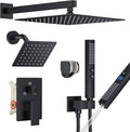 Rain Shower System Matte Black Shower Faucet Set, Dual Rainfall Shower Head Set with 2 in 1 Handheld Spray, Wall Mounted Bathroom 12-inch & 6-inch Square Showerheads with Valve, Matte Black