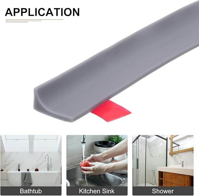 39"x0.8"x0.5" (LxWxH) Collapsible Shower Barrier Stopper - 1 Pack - Good for Bathroom Kitchen - L Shape Water Splash Guard Blocker - Gray