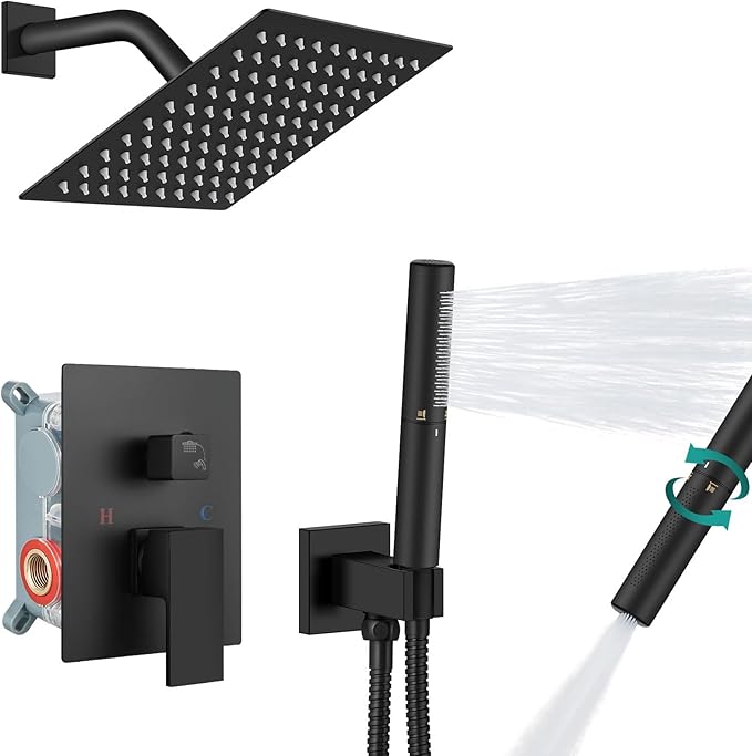 Aolemi Shower Faucet Set, High Pressure Shower System with 2-in-1 Handheld Sprayer, Wall Mount Fixture Combo with Rough-in Valve, 8 Inch Shower Head, Matte Black