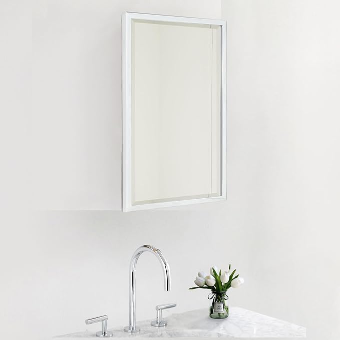 TEHOME Chrome Recessed Bathroom Medicine Cabinet with Mirror Squared Cornered Rectangle Metal Framed Medicine Cabinet with Beveled Mirror 16x24''