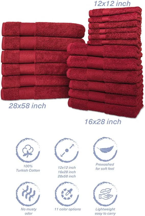 Hencely 18-Piece Bath Towel Set - High Absorbency, Quick Drying - 100% Soft Turkish Cotton - 6 Bath Towels, 6 Hand Towels, 6 Washcloths - Bathroom, Home, Hotel, Spa, and Gym - 18-Pack Red