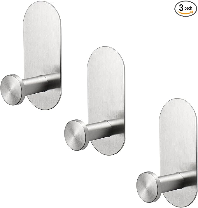 TocTen Adhesive Hook - 3 Pack Heavy Duty Sticky Towel/Robe Hook, Waterproof Stainless Steel Shower Hook, No Drill Stick on Wall Coat/Clothes Hooks for Bathroom, Kitchen, and Offices(Brushed Nickel)