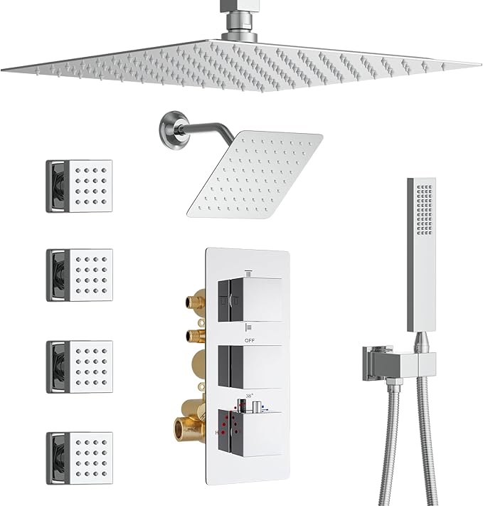 Thermostatic Shower System Chrome Shower Faucet Set, Four Modes Shower Faucet with 4 PCS Body Jet, Handheld Spray, 2 Rainfall Shower Head(12+8“)