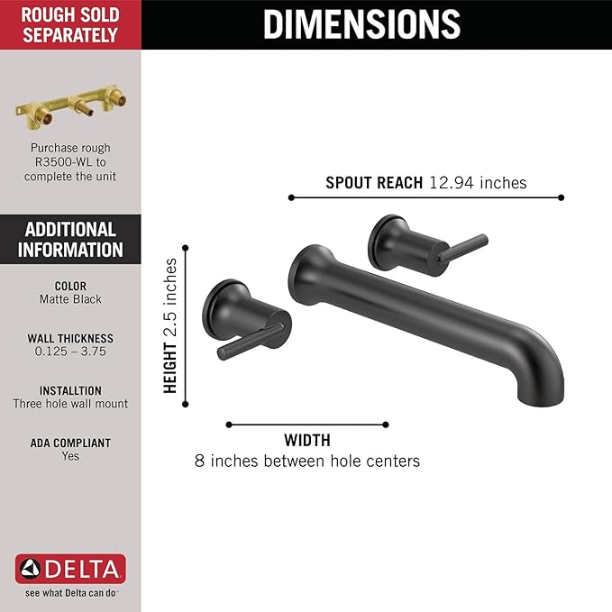 Delta Wall Mount Bathroom Faucet 3 Hole, Matte Black Bathroom Sink Faucet for Vanity, Matte Black T5759-BLWL (Valve Not Included)